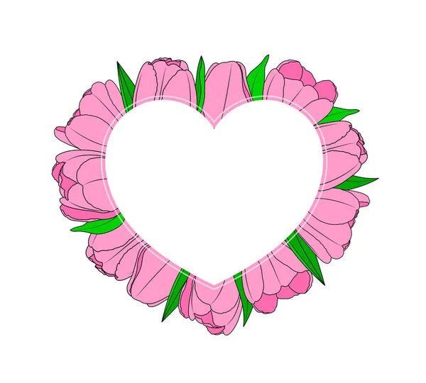 Marco Corazón Vacío Con Flores Rosadas Alrededor Ilustración Vectorial — Vector de stock
