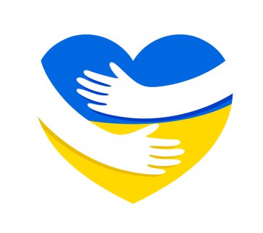 Eller mavi sarı kalp şekline sarılır. Ukrayna bayrak simgesi tasarımının renkleri. Savaş yok, Ukrayna için dua et. Vektör illüstrasyonu 