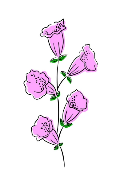 Pink Flowers Leaves Spring Botanical Vector Illustration Doodle Style — Vettoriale Stock