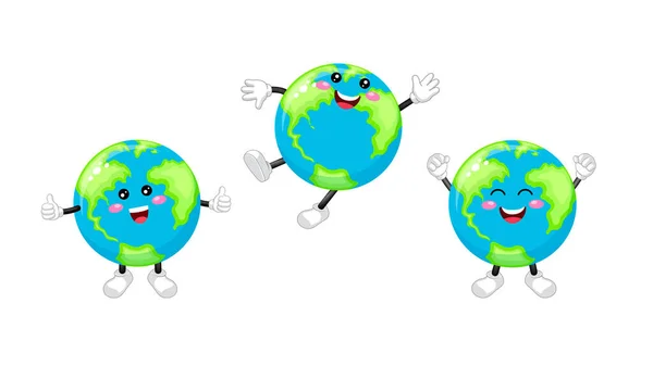 Collection Cute Cartoon Globe Character Smile Jump Illustration — Archivo Imágenes Vectoriales