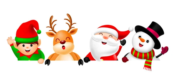 Cute Cartoon Christmas Characters Santa Claus Snowman Reindeer Little Elf — Image vectorielle