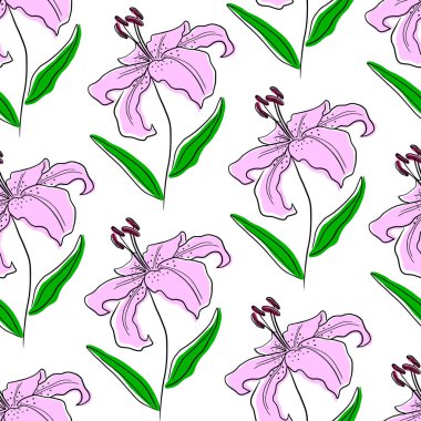 Beautiful pink lily. Floral seamless pattern. Vector illustration.