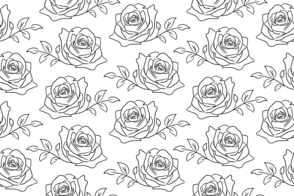 Roses Contour Motif Sans Couture Ligne Contour Dessinée Main Noir — Image vectorielle