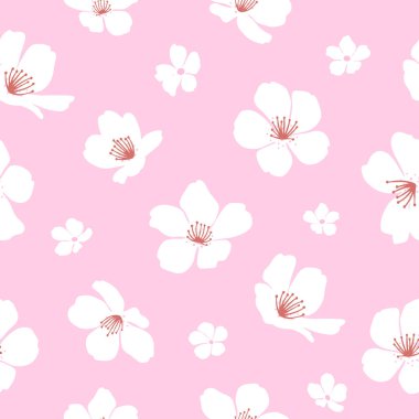 Cherry blossom seamless pattern. Japanese flowering cherry symbolic of Spring in a random arrangement square format suitable for textile. Vector illustration.