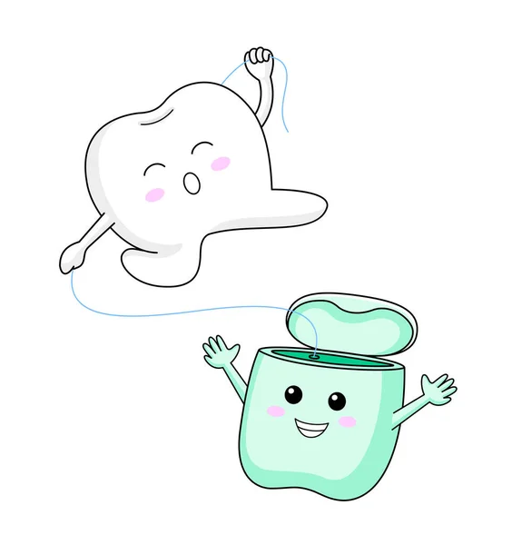 Cute Cartoon Tooth Character Using Dental Floss Love Floss Dental Vektorová Grafika