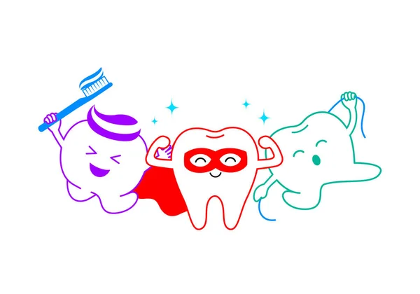 Carino Personaggio Del Dente Del Fumetto Con Attrezzature Cura Dentale — Vettoriale Stock