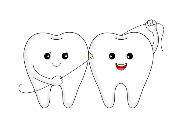 Симпатичный Персонаж Карикатурными Зубами Использующий Зубную Нить Концепция Стоматологической Помощи — стоковый вектор