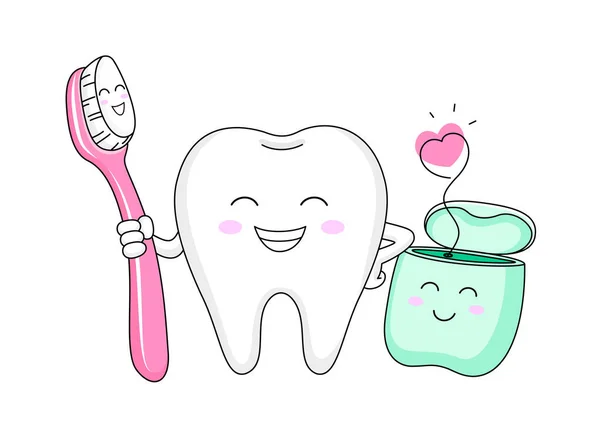 Cute Postać Ząb Kreskówki Szczoteczką Zębów Nici Dentystycznej Koncepcja Opieki — Wektor stockowy
