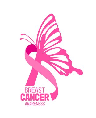 Pink ribbon with butterfly wings. Breast cancer awareness concept. Vector illustration