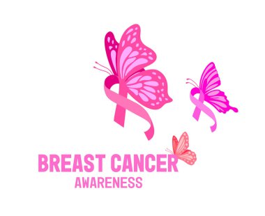 Breast cancer awareness design with butterflies. Pink ribbon symbol. Vector illustration.
