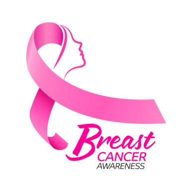 Kadın yüzlü pembe kurdele. Meme kanseri farkındalığı kampanyası. Vektör illüstrasyonu.