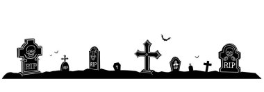 Ürkütücü mezarlık silueti. Cadılar Bayramı afişi, posteri, davetiye kartı için vektör illüstrasyon tasarımı.