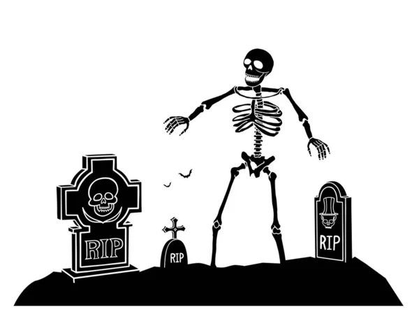 Silueta Espeluznante Del Cementerio Con Esqueleto Diseño Ilustración Vectorial Para — Vector de stock