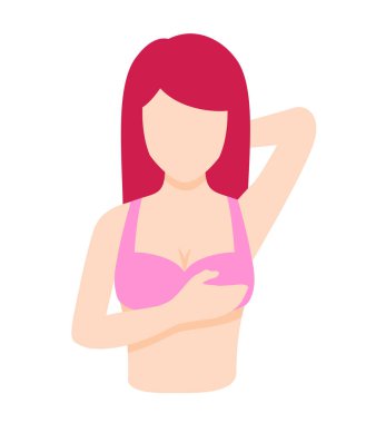 Göğüslerini tutan bir kadın. Meme kanseri farkındalığı ayı konsepti. Çizgi film karakteri tasarımı. Vektör ilüstrasyonu.