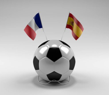 Fransa - İspanya Futbol Bayrakları, Beyaz Arkaplan - 3D Render