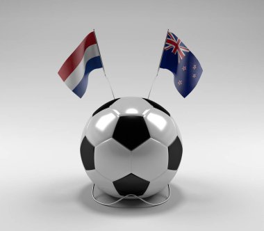 Hollanda - Yeni Zelanda Futbol Bayrakları, Beyaz Arkaplan - 3D Render