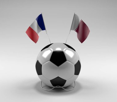 Fransa - Katar Futbol Bayrakları, Beyaz Arkaplan - 3D Render