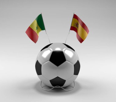 Senegal - İspanya Futbol Bayrakları, Beyaz Arkaplan - 3D Render