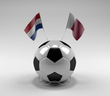 Hollanda - Katar Futbol Bayrakları, Beyaz Arkaplan - 3D Render