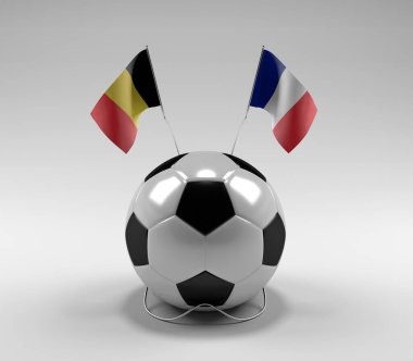 Belçika - Fransa Futbol Bayrakları, Beyaz Arkaplan - 3D Render