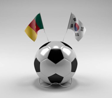 Kamerun - Güney Kore Futbol Bayrakları, Beyaz Arkaplan - 3D Render