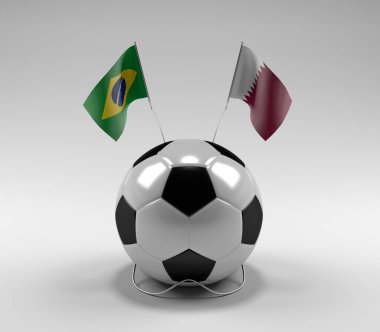 Brezilya - Katar Futbol Bayrakları, Beyaz Arkaplan - 3D Render