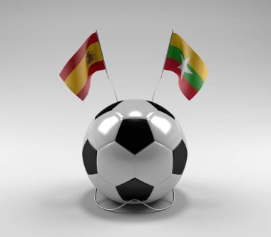 İspanya - Myanmar Futbol Bayrakları, Beyaz Arkaplan - 3D Render
