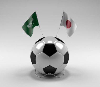 Suudi Arabistan - Japonya Futbol Bayrakları, Beyaz Arkaplan - 3D Render