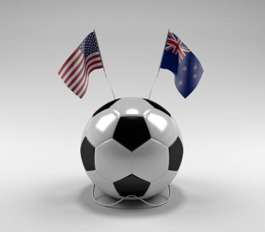 Amerika Birleşik Devletleri - Yeni Zelanda Futbol Bayrakları, Beyaz Arkaplan - 3D Render