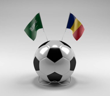 Suudi Arabistan - Romanya Futbol Bayrakları, Beyaz Arkaplan - 3D Render
