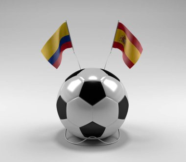 Kolombiya - İspanya Futbol Bayrakları, Beyaz Arkaplan - 3D Render