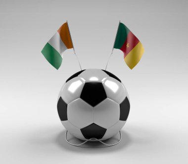 Cote-D-Ivoire - Kamerun Futbol Bayrakları, Beyaz Arkaplan - 3D Render