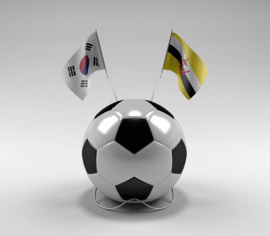 Güney Kore - Brunei Futbol Bayrakları, Beyaz Arkaplan - 3D Render
