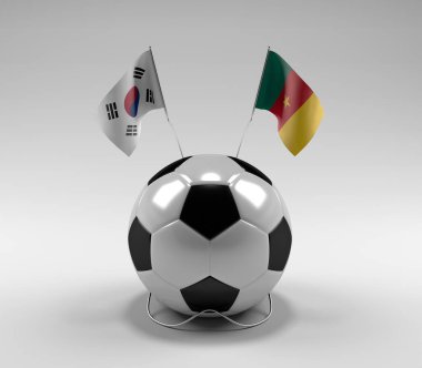 Güney Kore - Kamerun Futbol Bayrakları, Beyaz Arkaplan - 3D Render