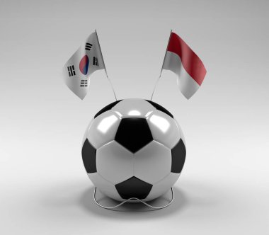 Güney Kore - Endonezya Futbol Bayrakları, Beyaz Arkaplan - 3D Render