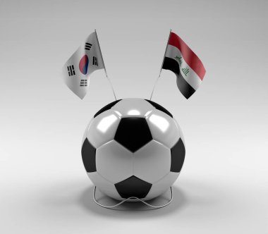 Güney Kore - Irak Futbol Bayrakları, Beyaz Arkaplan - 3D Render