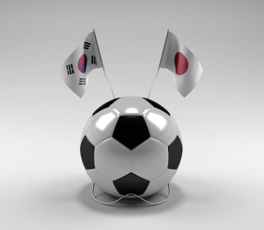 Güney Kore - Japonya Futbol Bayrakları, Beyaz Arkaplan - 3D Render
