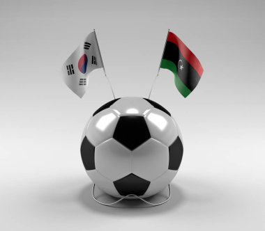 Güney Kore - Libya Futbol Bayrakları, Beyaz Arkaplan - 3D Render