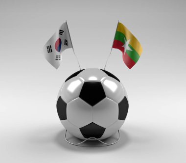 Güney Kore - Myanmar Futbol Bayrakları, Beyaz Arkaplan - 3D Render
