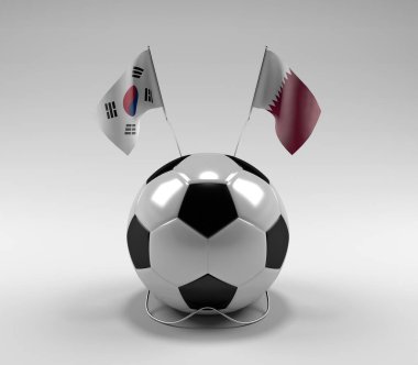 Güney Kore - Katar Futbol Bayrakları, Beyaz Arkaplan - 3D Render