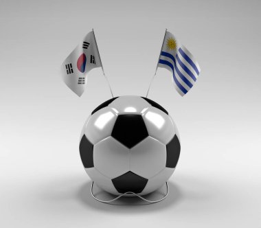Güney Kore - Uruguay Futbol Bayrakları, Beyaz Arkaplan - 3D Render