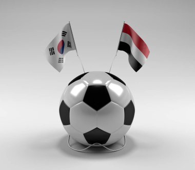 Güney Kore - Yemen Futbol Bayrakları, Beyaz Arkaplan - 3D Render