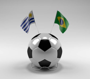 Uruguay - Brezilya Futbol Bayrakları, Beyaz Arkaplan - 3D Render