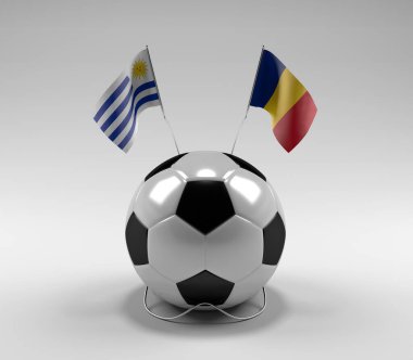 Uruguay - Romanya Futbol Bayrakları, Beyaz Arkaplan - 3D Render
