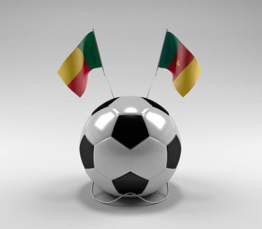 Benin - Kamerun Futbol Bayrakları, Beyaz Arkaplan - 3D Render