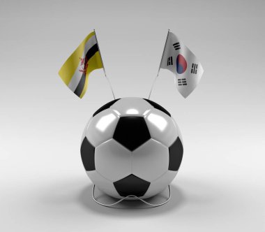 Brunei - Güney Kore Futbol Bayrakları, Beyaz Arkaplan - 3D Render