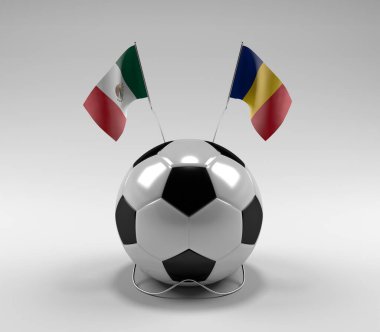 Meksika - Romanya Futbol Bayrakları, Beyaz Arkaplan - 3D Hazırlama