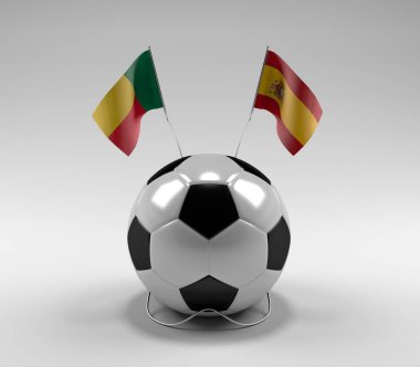 Benin - İspanya Futbol Bayrakları, Beyaz Arkaplan - 3D Render