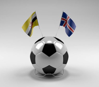 Brunei - İzlanda Futbol Bayrakları, Beyaz Arkaplan - 3D Render