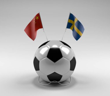 Çin - İsveç Futbol Bayrakları, Beyaz Arkaplan - 3D Render